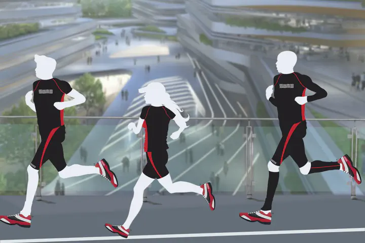 Illustration of three people running and wearing the compression sportwear prototypes with a backdrop of the SUTD campus.
