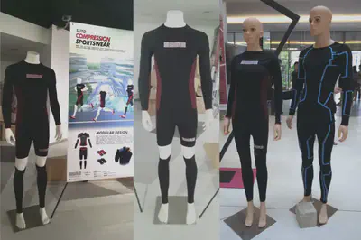 Three separate images placed side-by-side in a collage. The left image shows the sportswear prototype on a mannequin with the project's poster on the right of it. This was for the exhibition in Zhejiang University. The middle image shows a front view of the prototype on a mannequin. The right image shows the prototype on a different mannequin that was exhibited in SUTD.