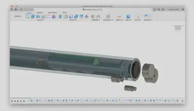 Zoomed in view of the end of the hilt where most of the components and chassis are placed. The hilt's opacity was made to about 50% to help visualise the internal components better.