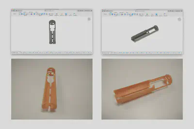 The top row shows two views of the 3D models of the chassis in Fusion 360. The bottom row shows two matching views of the 3d printed chassis. 