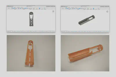 The top row shows two views of the 3D models of the chassis in Fusion 360. The bottom row shows two matching views of the 3d printed chassis.